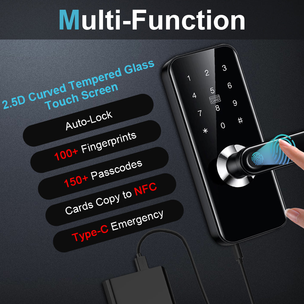 Door Lock Smart Handle Locks - NFC Door Knob Indoor Front Keyless Entry Door Lock with Fingerprint RFID Touch Panel Keypad Code, Drilling Required, Support TTLock App