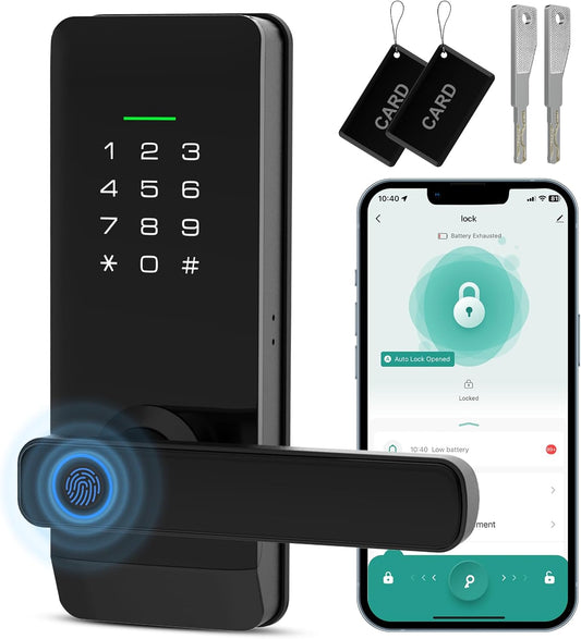 Door Lock Smart Handle Locks - NFC Door Knob Indoor Front Keyless Entry Door Lock with Fingerprint RFID Touch Panel Keypad Code, Drilling Required, Support Tuya App