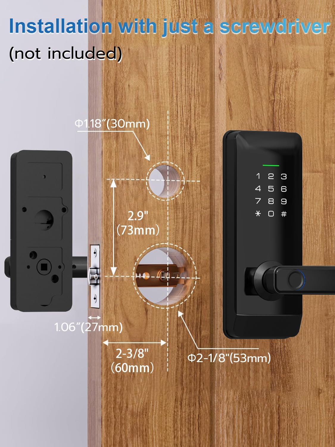 Door Lock Smart Handle Locks - NFC Door Knob Indoor Front Keyless Entry Door Lock with Fingerprint RFID Touch Panel Keypad Code, Drilling Required, Support Tuya App