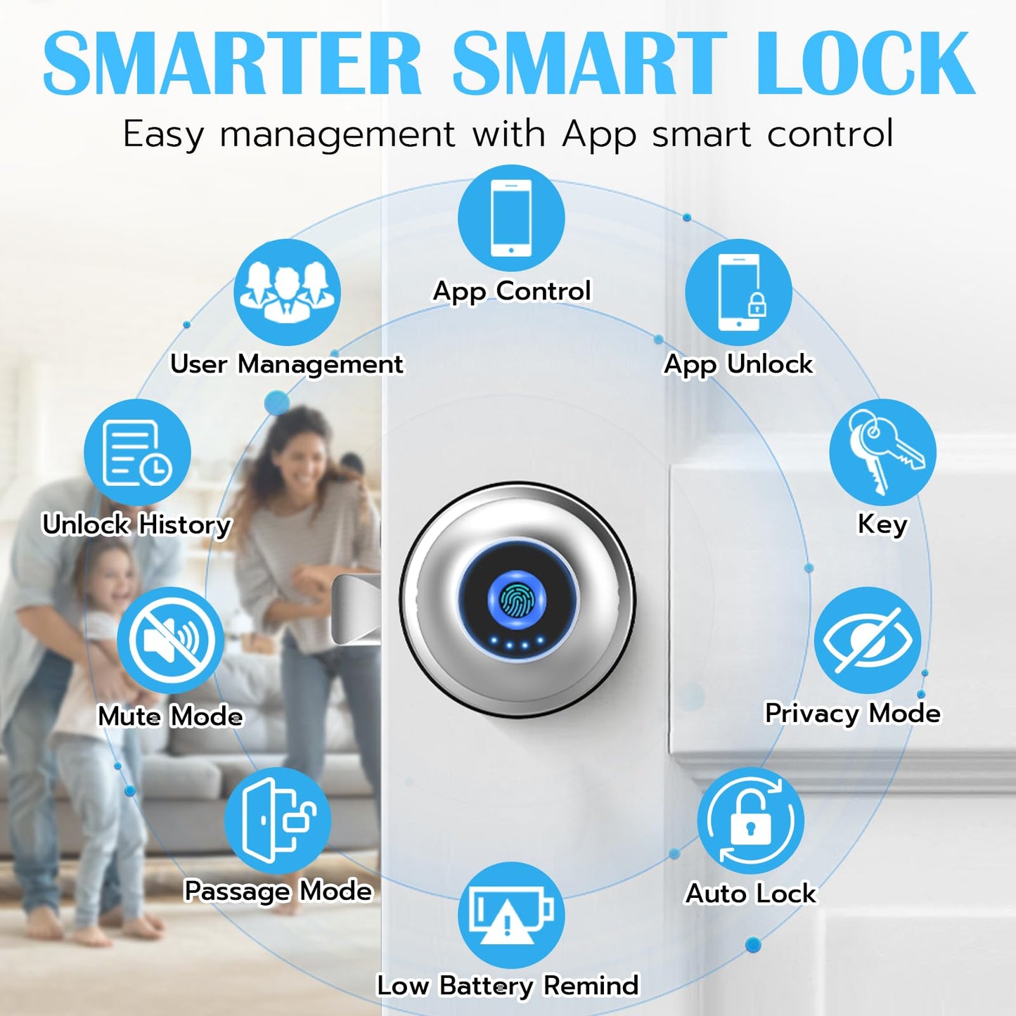 Fingerprint Door Lock Smart Door Knob with Key eLinkSmart Keyless Entry Door Lock for Bedroom Apartment with Privacy Mode Clear Voice Prompt Bluetooth App Control Support iOS Watch Silver