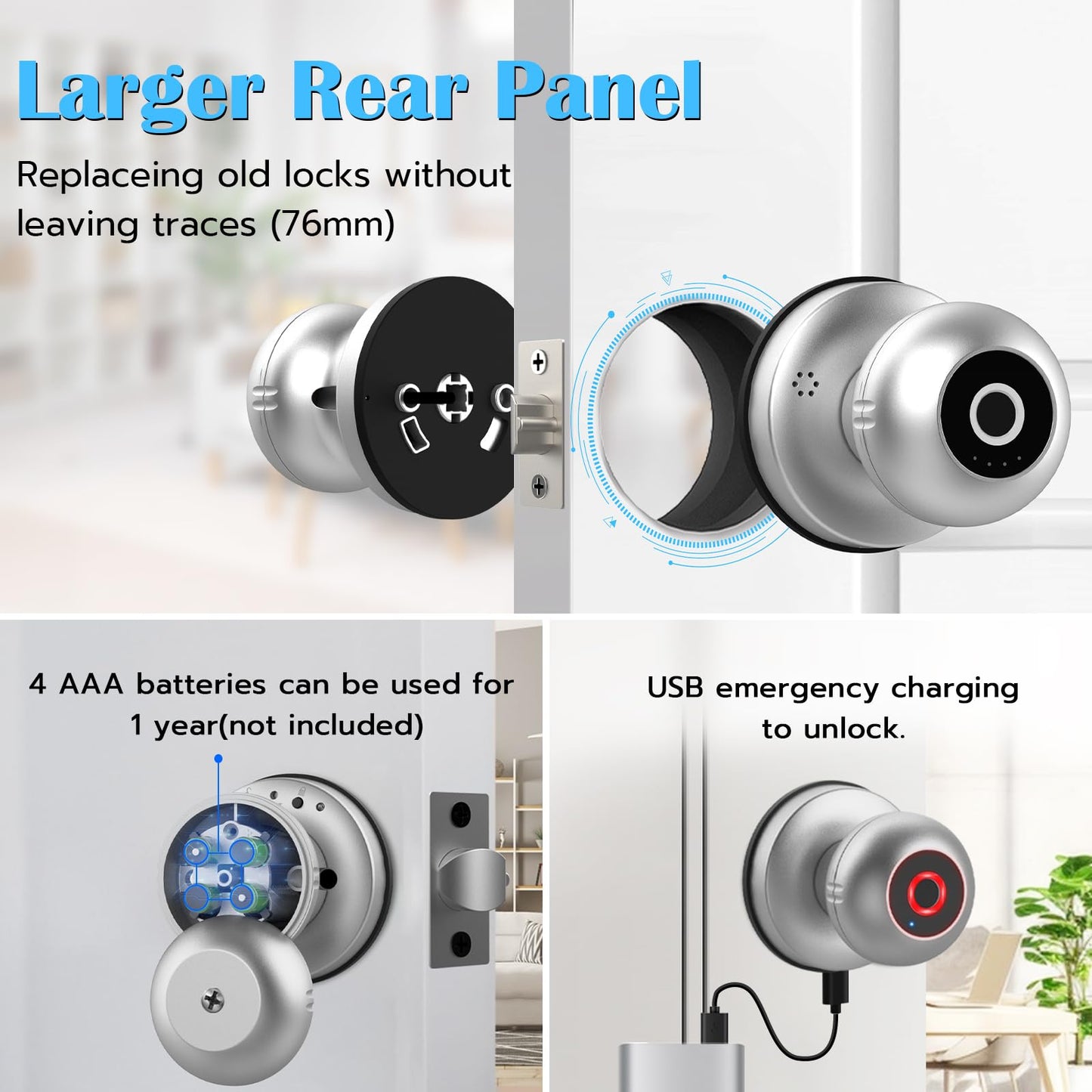 Fingerprint Door Lock Smart Door Knob with Key eLinkSmart Keyless Entry Door Lock for Bedroom Apartment with Privacy Mode Clear Voice Prompt Bluetooth App Control Support iOS Watch Silver