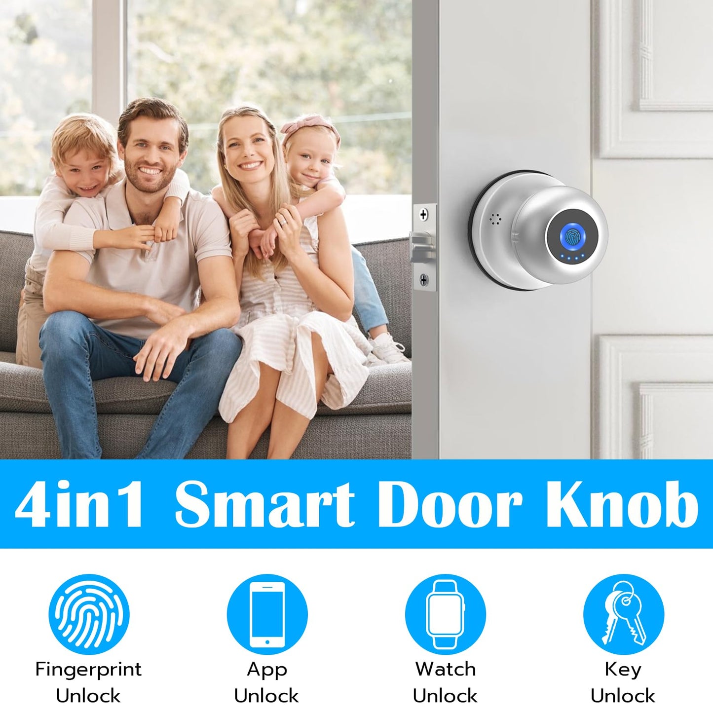 Fingerprint Door Lock Smart Door Knob with Key eLinkSmart Keyless Entry Door Lock for Bedroom Apartment with Privacy Mode Clear Voice Prompt Bluetooth App Control Support iOS Watch Silver