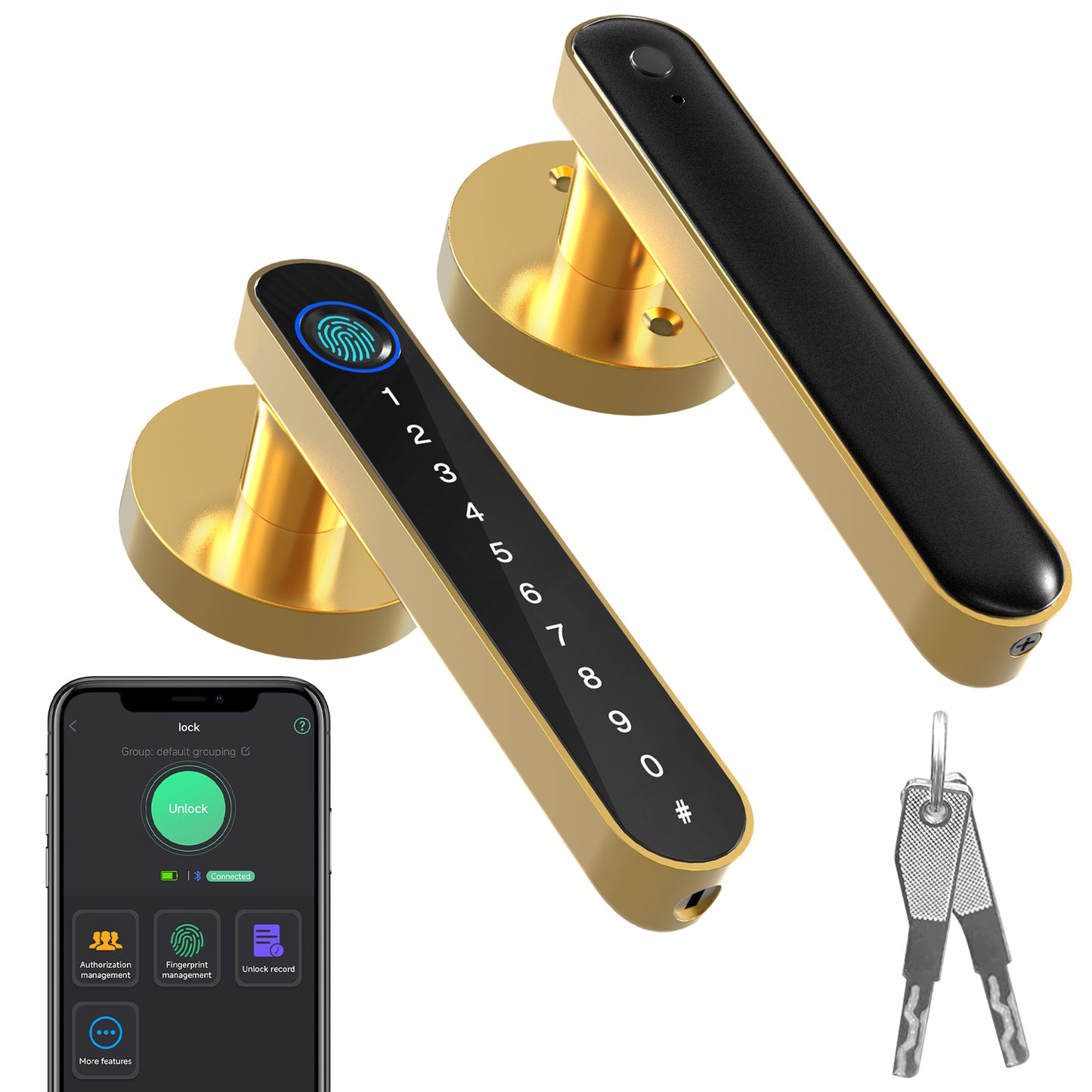 Fingerprint Handle Door Lock Smart Door Lock Levers Digital Keyless Entry Door Knob Watch App Open Knob Lock for Bedroom Gold