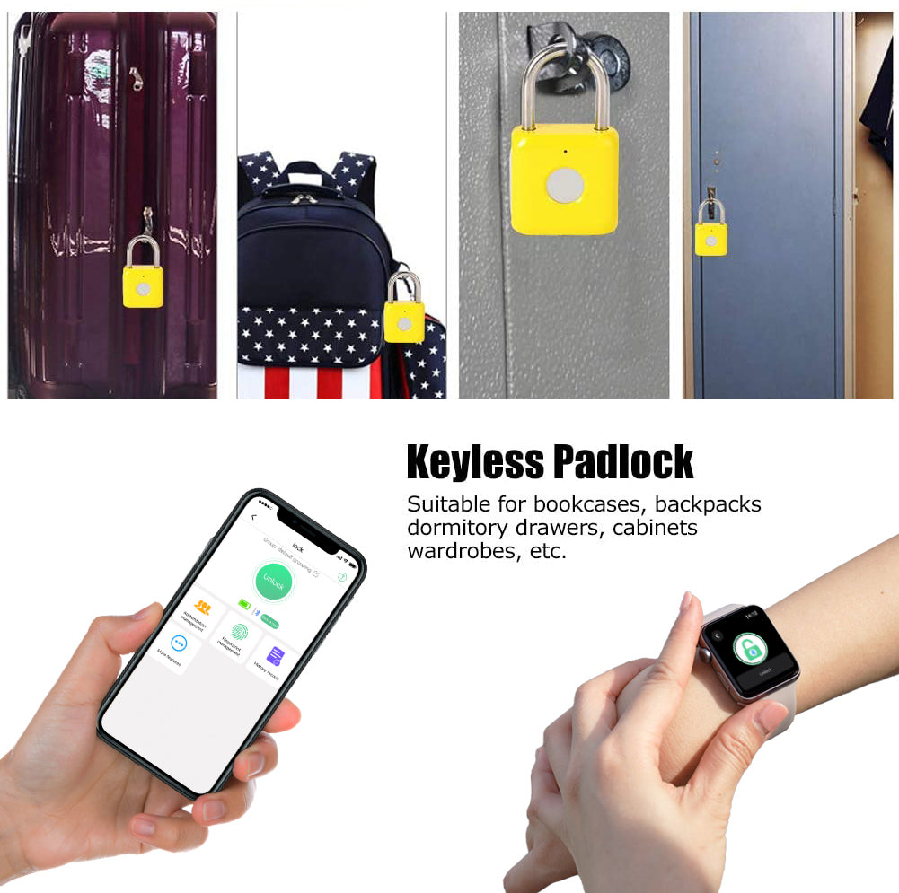 Fingerprint Padlock eLinkSmart Gym Locker Lock with Phone App iOS Watch Metal Keyless Combination Locks for School Sports Locker Hasp Storage Backpack Suitcase Yellow