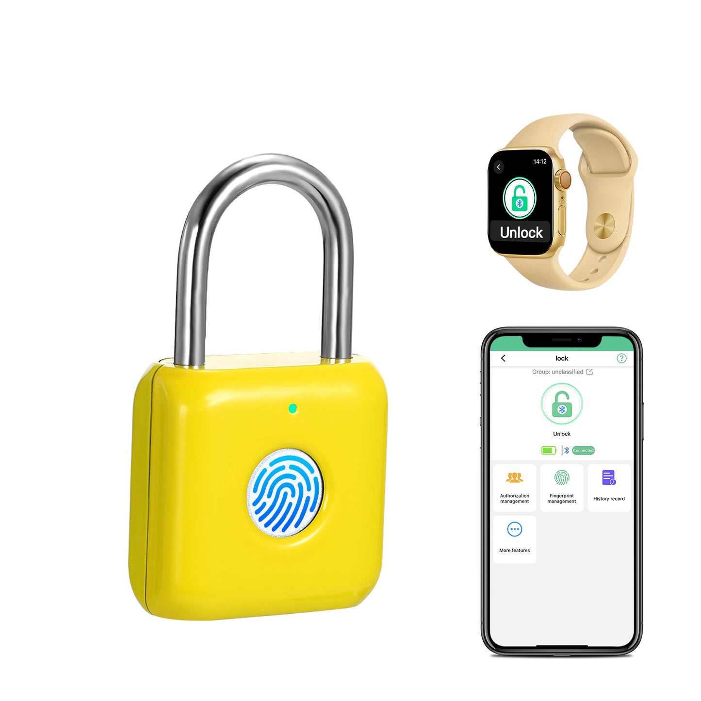 Fingerprint Padlock eLinkSmart Gym Locker Lock with Phone App iOS Watch Metal Keyless Combination Locks for School Sports Locker Hasp Storage Backpack Suitcase Yellow