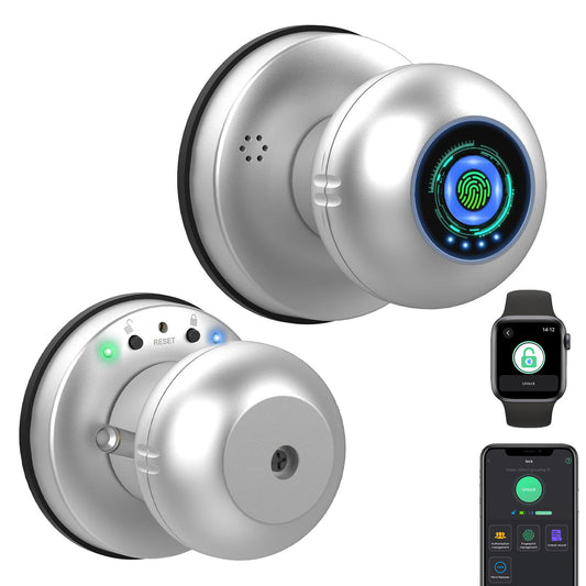 Fingerprint Door Lock Smart Door Knob with Key eLinkSmart Keyless Entry Door Lock for Bedroom Apartment with Privacy Mode Clear Voice Prompt Bluetooth App Control Support iOS Watch Silver